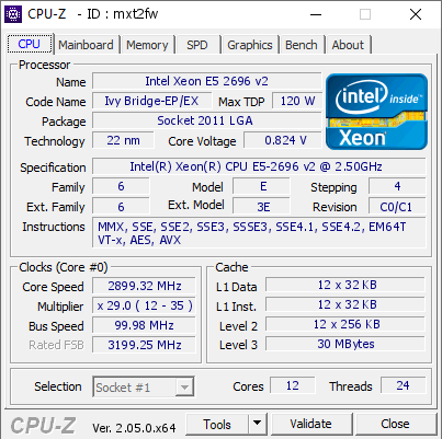 Intel Xeon E5 2696 v2 @ 2899.32 MHz - CPU-Z VALIDATOR