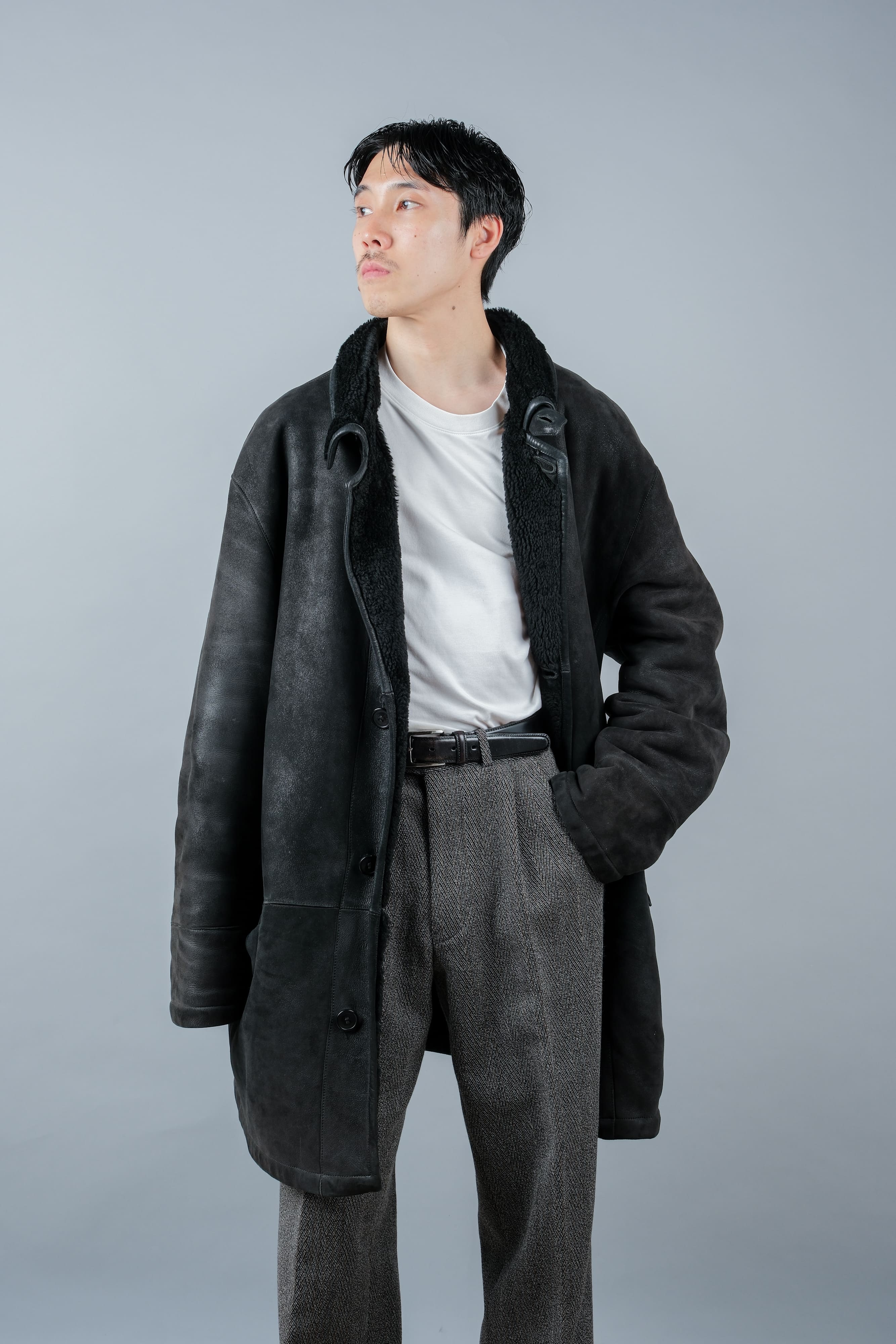 90's】Old SERAPHIN Black Leather Mouton Half Coat Size.54