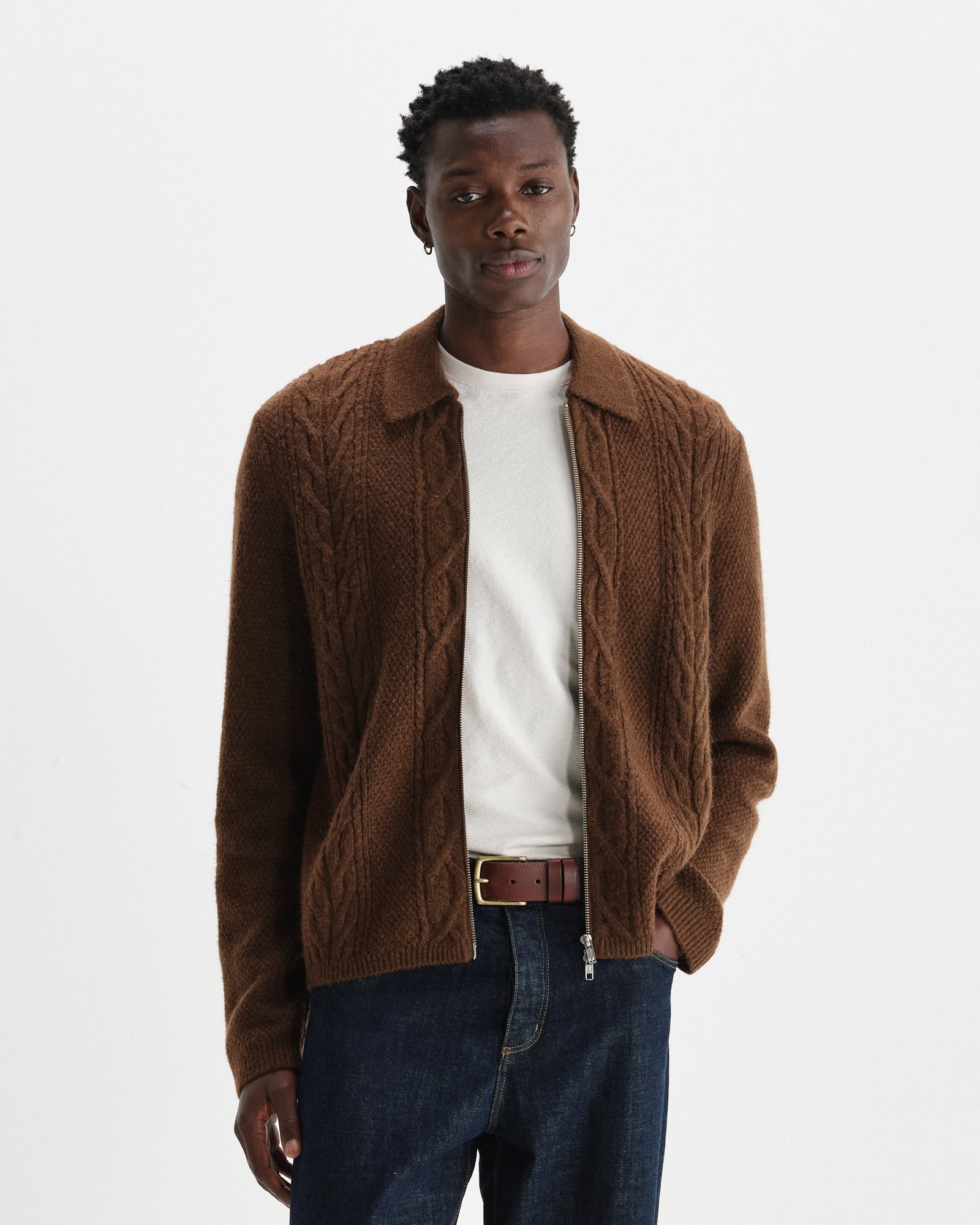 Men's Brown Brush Cable Knit Zip Cardigan | Wax London
