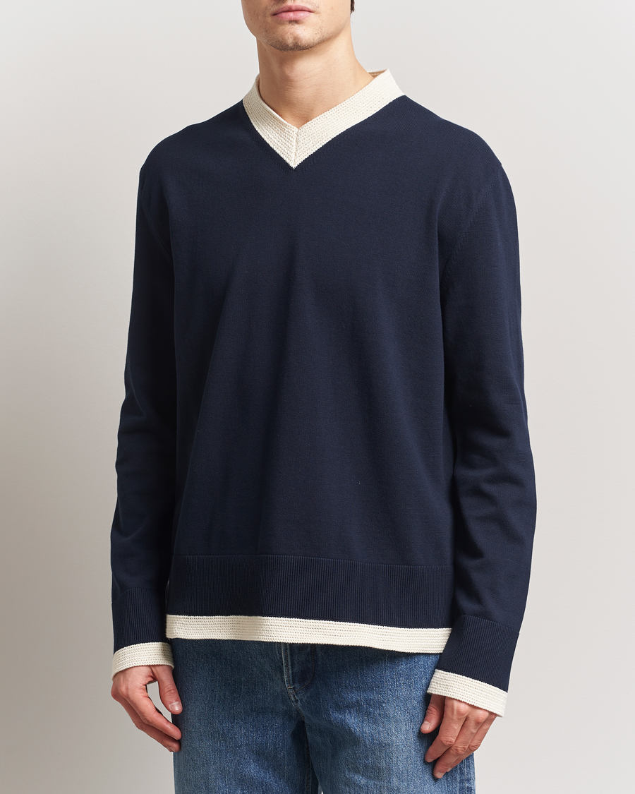 Jil Sander Contrast Trim V-Neck Sweater Navy at CareOfCarl.com