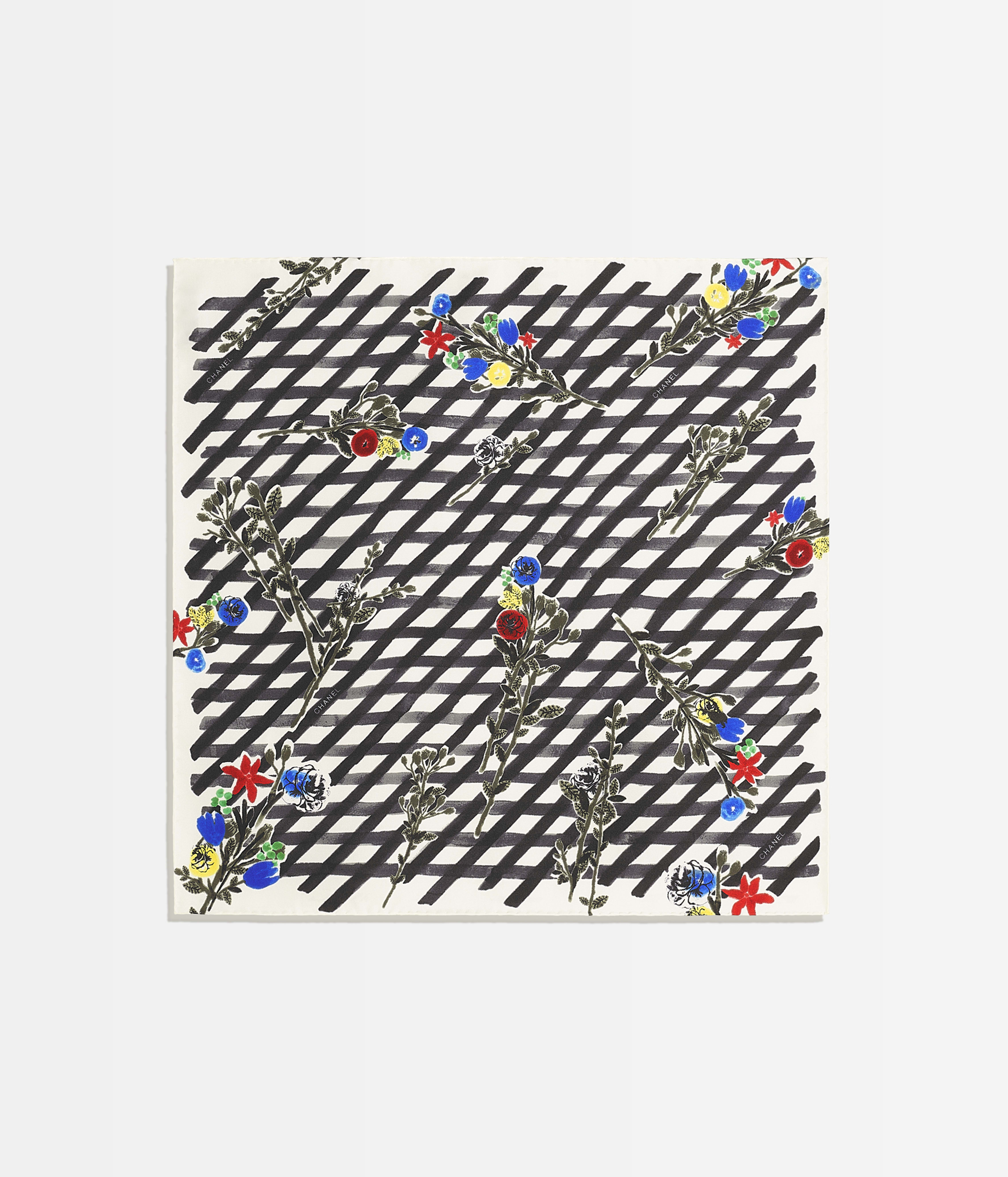 バンダナ - シルク ツイル、エクリュ、ブラック、ブルー & レッド