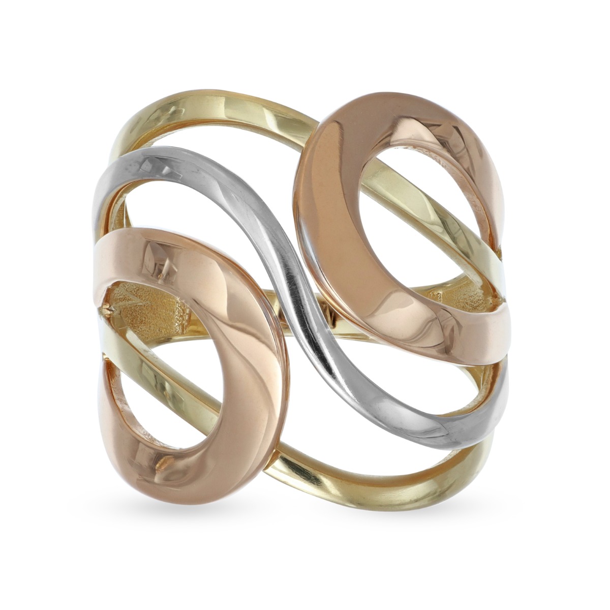 Anello intrecciato in oro bianco, giallo e rosa 18 kt