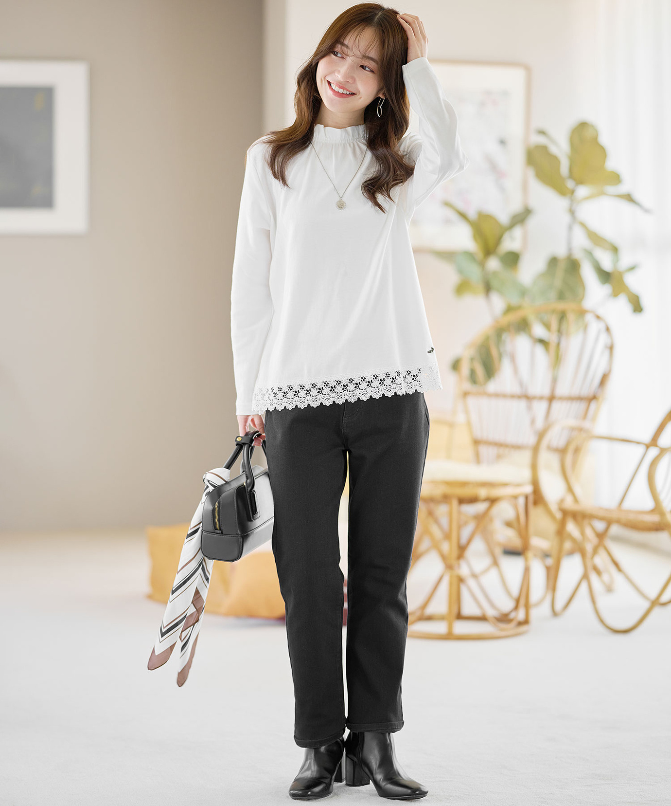 レディース 裾レース ハイネック プルオーバー通販 [0302-55212