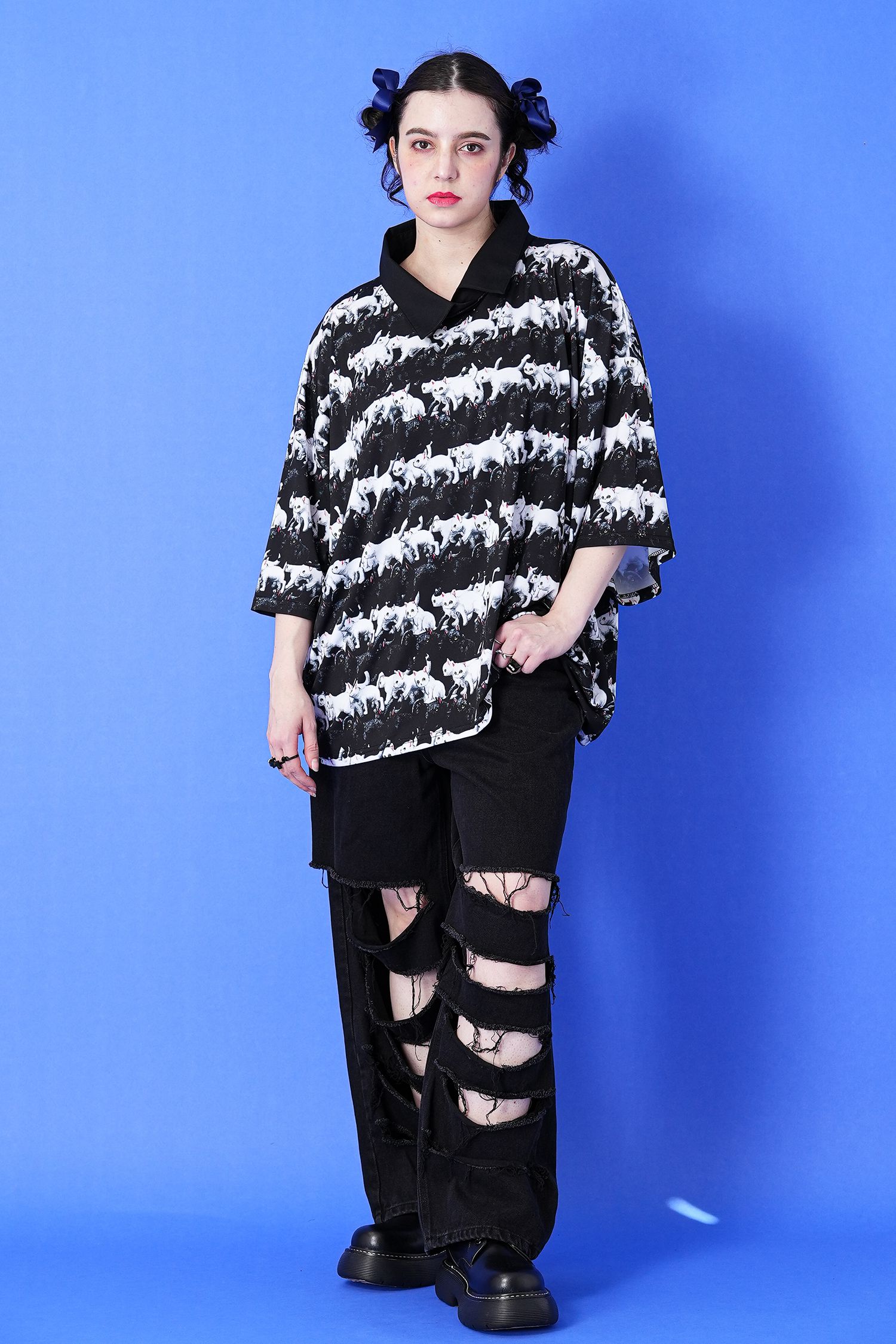 ハイパークラッシュワイドデニムパンツ / ダメージ ブラックデニム