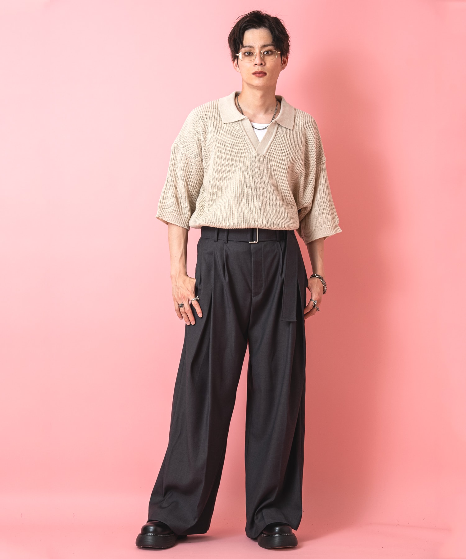 ロングベルトダブルタックドレープワイドパンツ / スラックス フレア