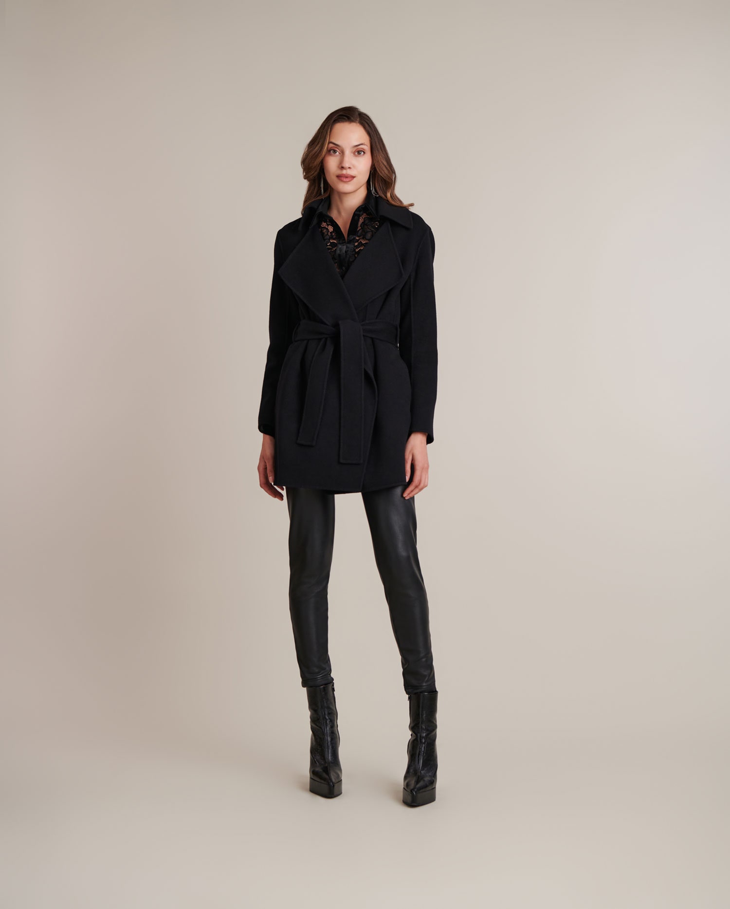 DELACROIX Black Belted Wool Blend Coat With Large Notched Lapel