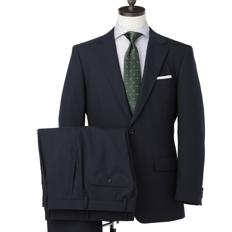 ストレッチ 洗える ウールブレンド 2パンツスーツ 紺 ストライプ LES