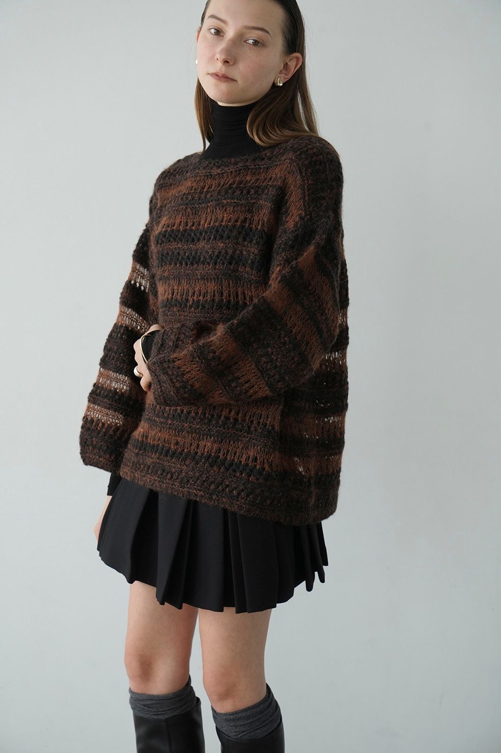 CLANE - ボーダーニットトップス- SHEER BORDER MOHAIR KNIT - BROWN