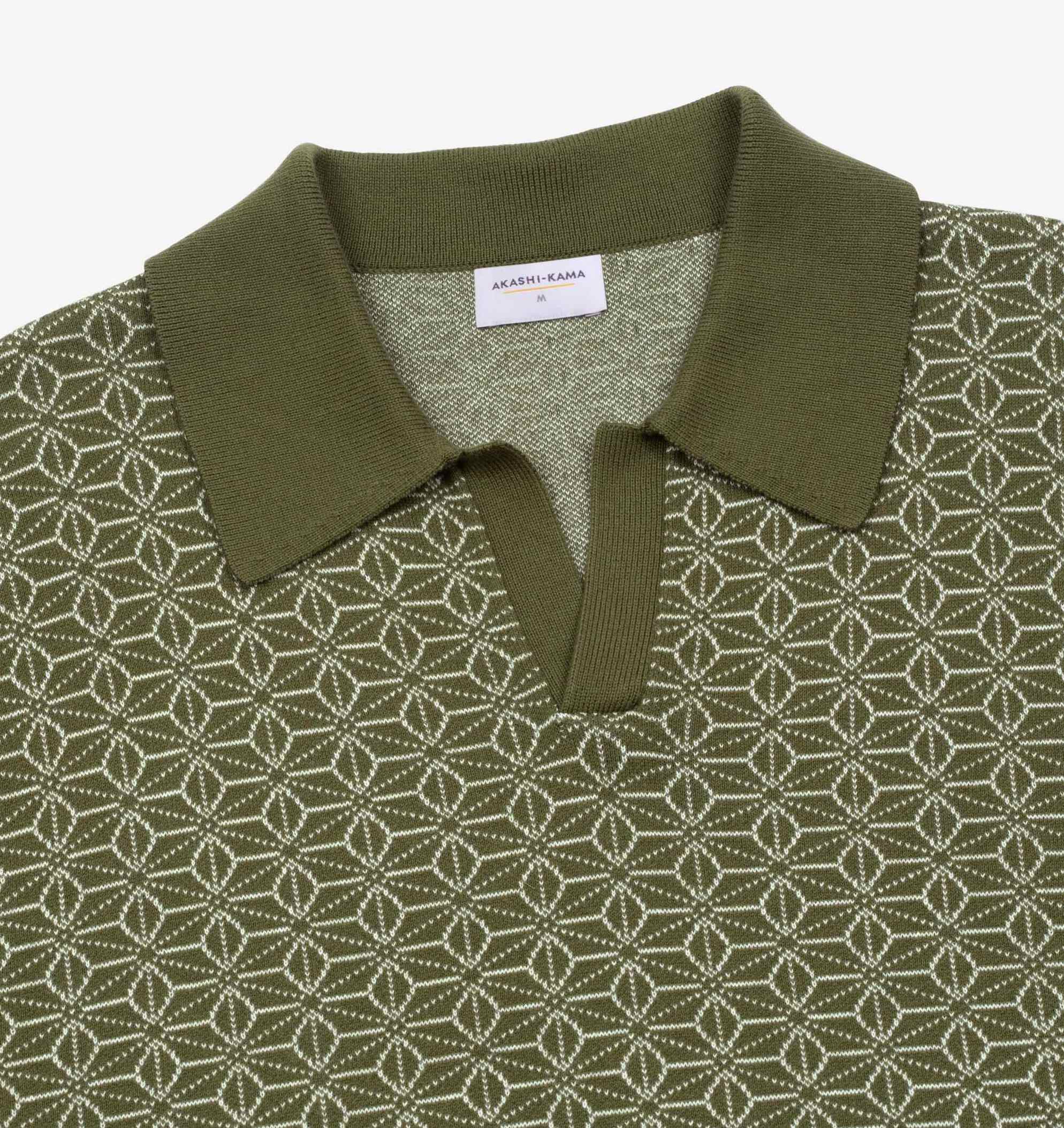 Ojii Knit Polo - Olive Asanoha | AKASHI KAMA Shirt – AKASHI-KAMA