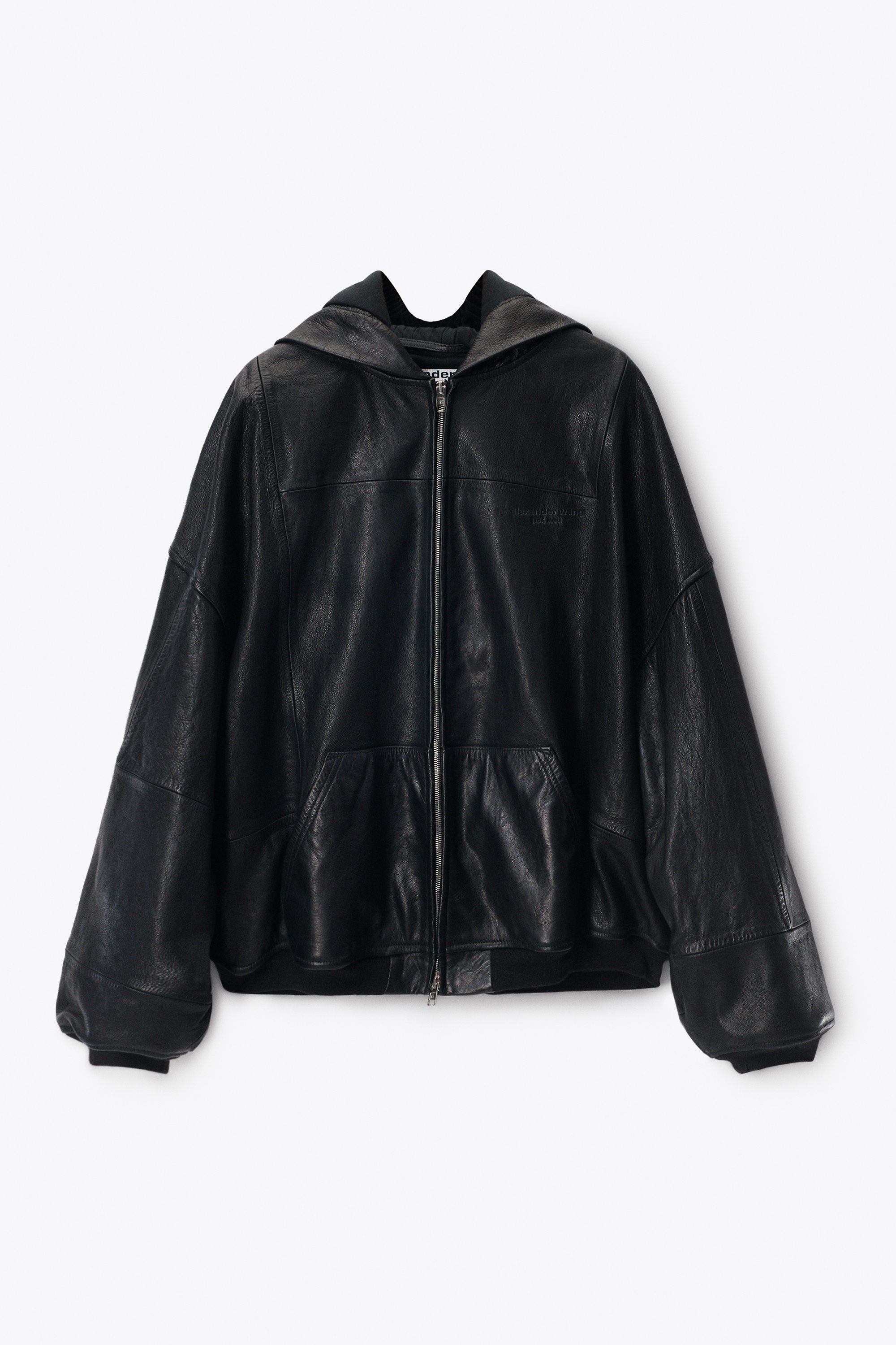 Black Worn Moto Leather Hoodie Jacket in BLACK | alexanderwang®