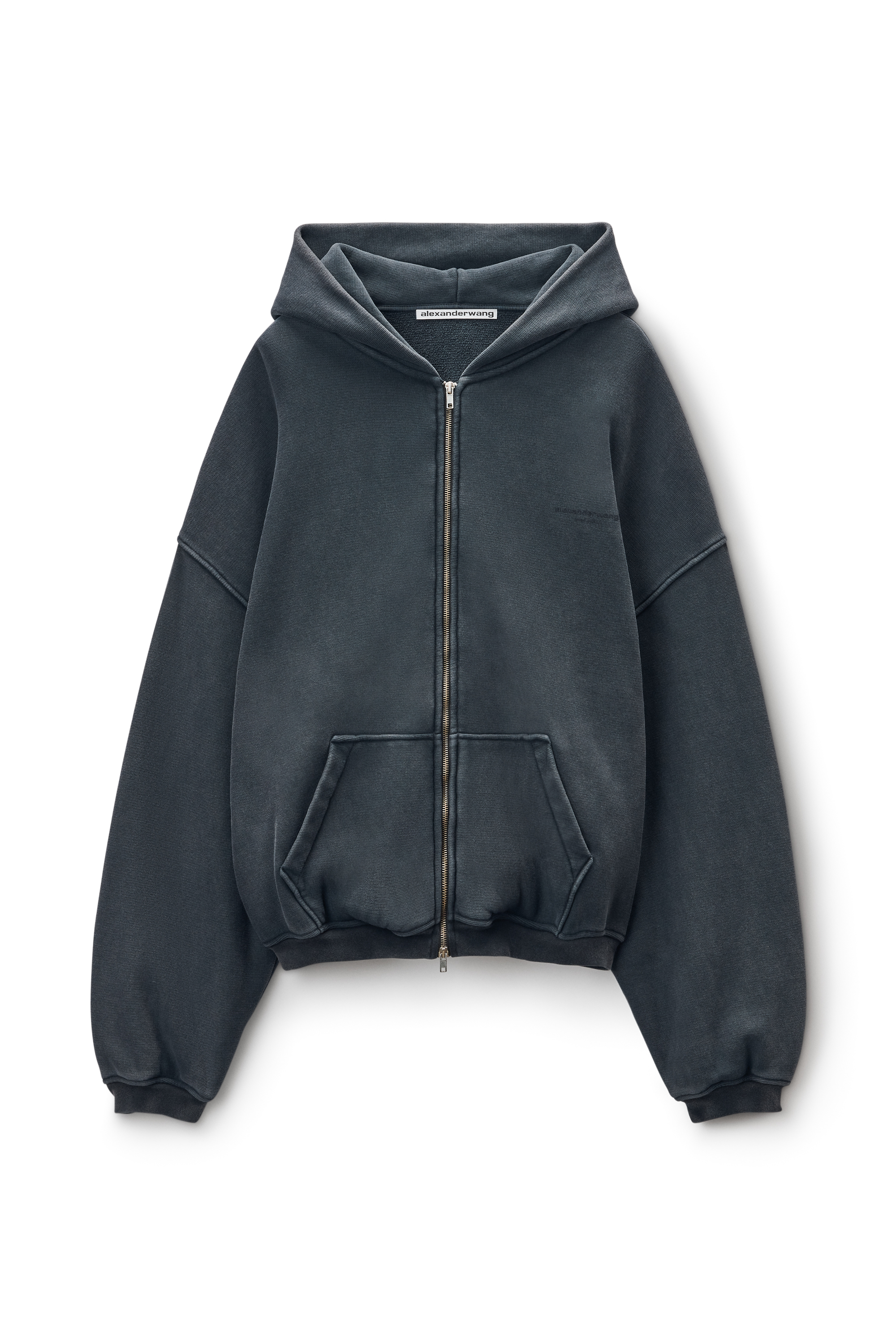 Black Cotton Logo Zip-Up Hoodie in WASHED BLACK | alexanderwang®