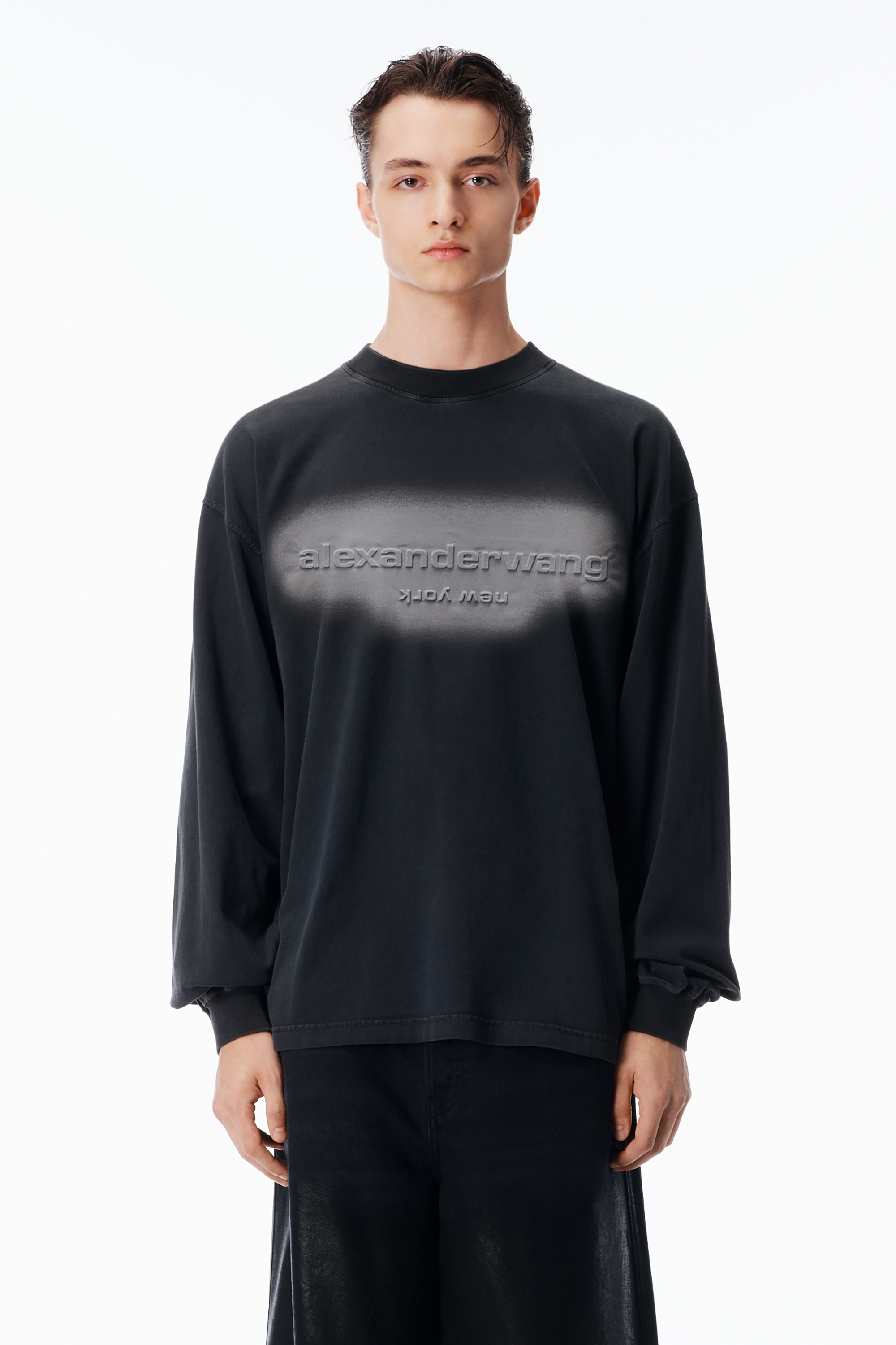 Unisex Long Sleeve Logo Tee in Jersey Oversized in WASHED BLACK