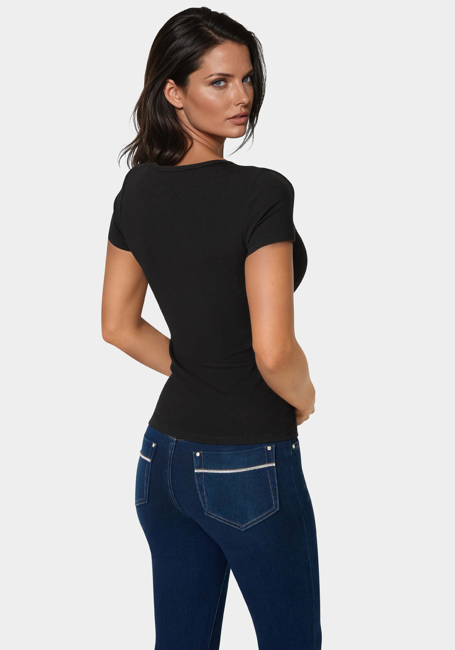 Bebe Logo Short Sleeve Round Neck Rib Top Black - bebe