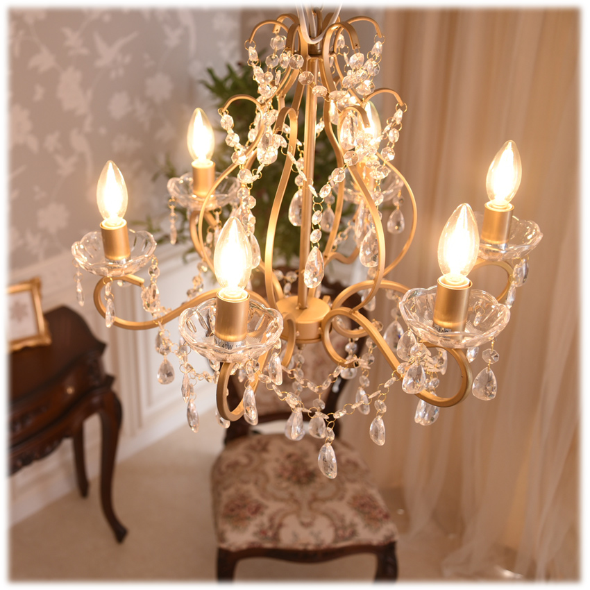 LED電球付 6灯 シャンデリア エレガントゴールド 簡単取付 幅51cm