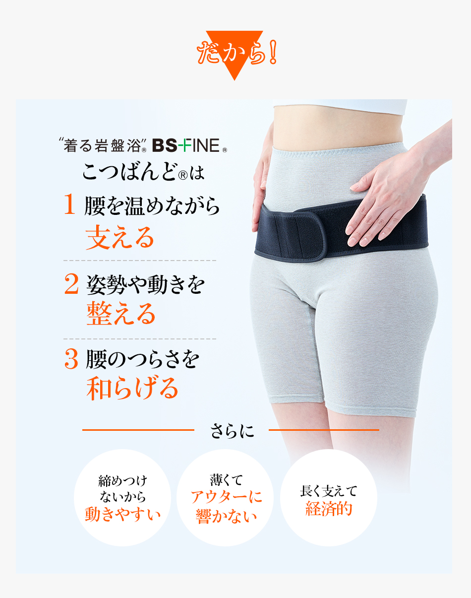 こつばんど | 巻くだけで腰が立ち、骨盤をサポート！ | “着る岩盤浴”BS