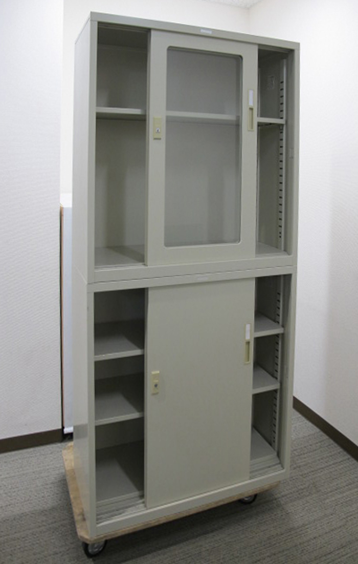 引き違い ガラス書庫 スチール書庫 スチールキャビネット 鍵付き書庫