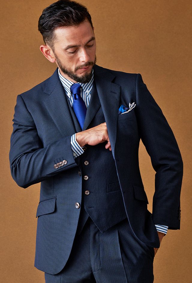 ネイビースーツ・バーズアイのコーディネート（MARZOTTO）｜87282S