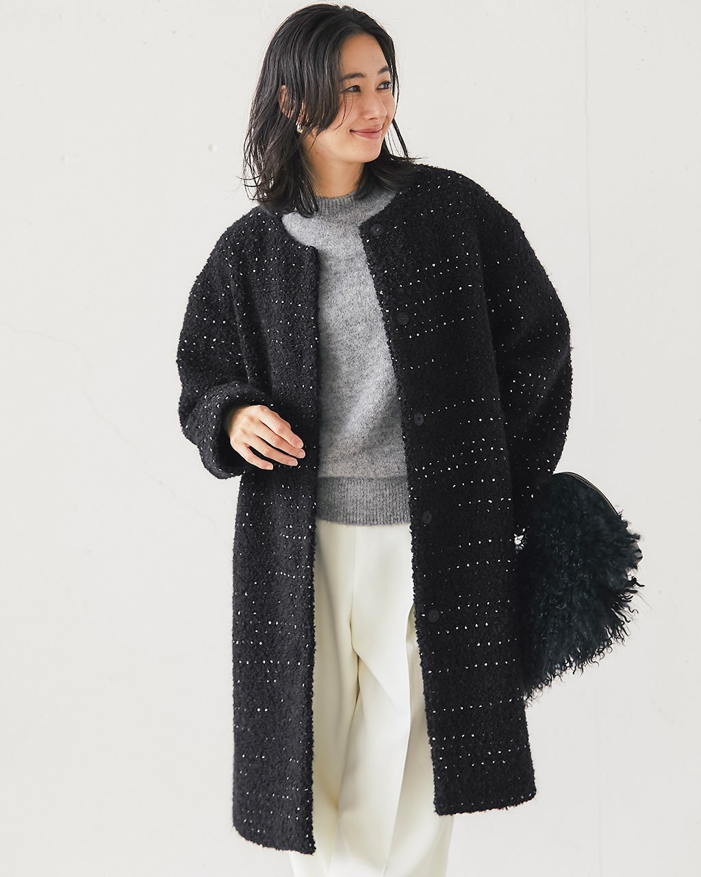 ミックスツイード・ノーカラーコート/DoCLASSE