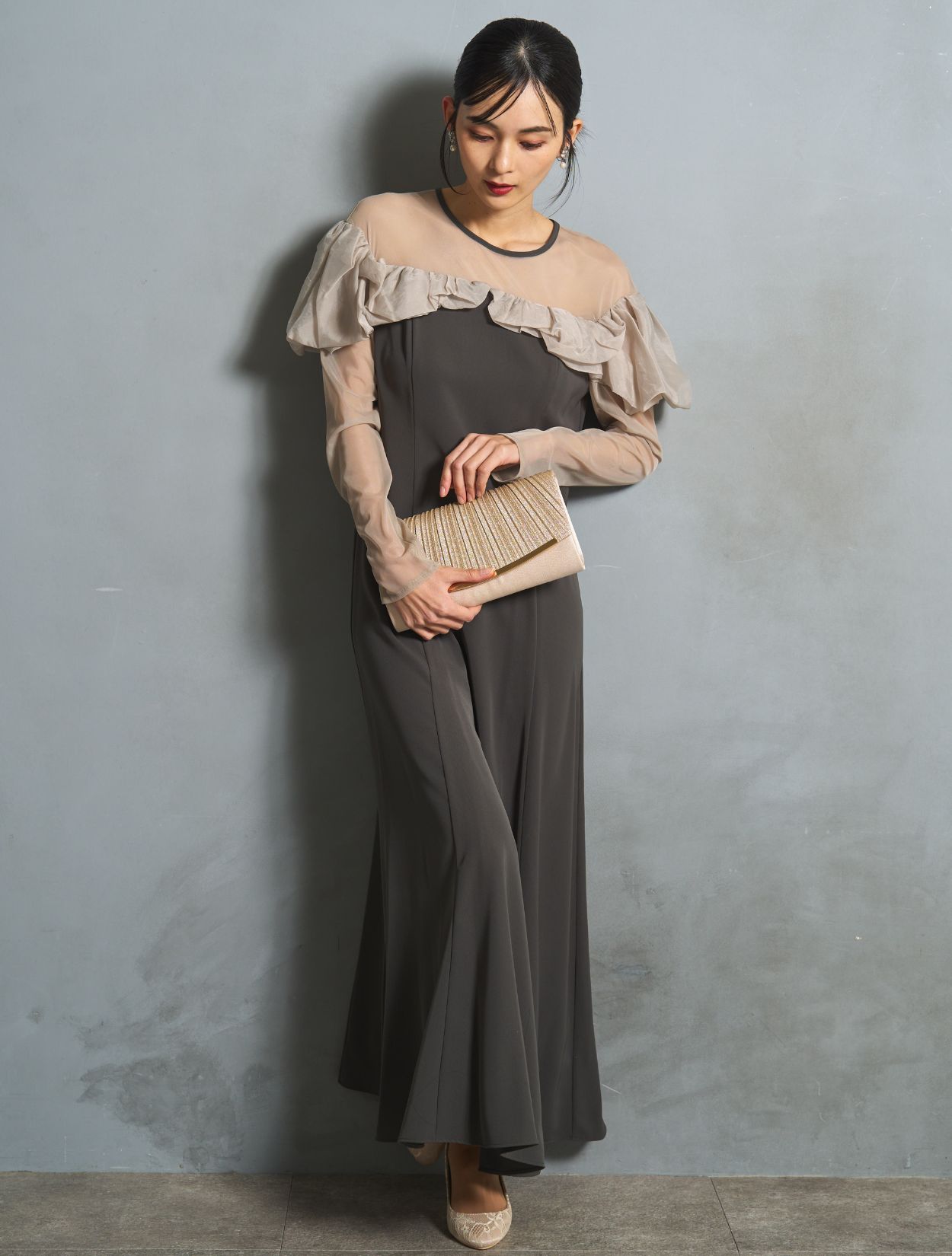 M/L】ラッフルフリルロングスリーブドレス（スモークグレー）DPSET0759