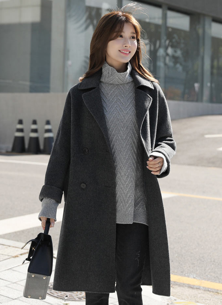 ウール混ダブルチェスターコート(チャコール) | レディース