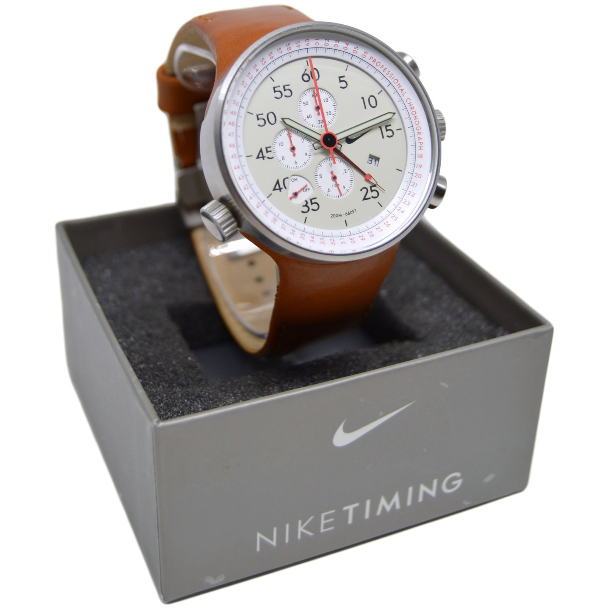 Nike Heritage Alarm Chrono Tan Leather Watch WC0054-251 | Rare