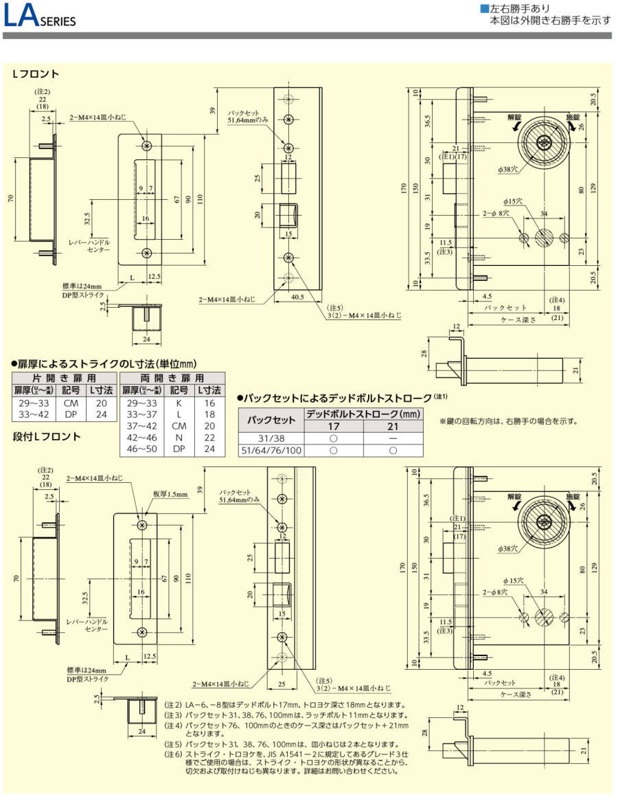 MIWA LA20－0型 BS64mm 扉厚29～32・33～41・37～41(A)mm