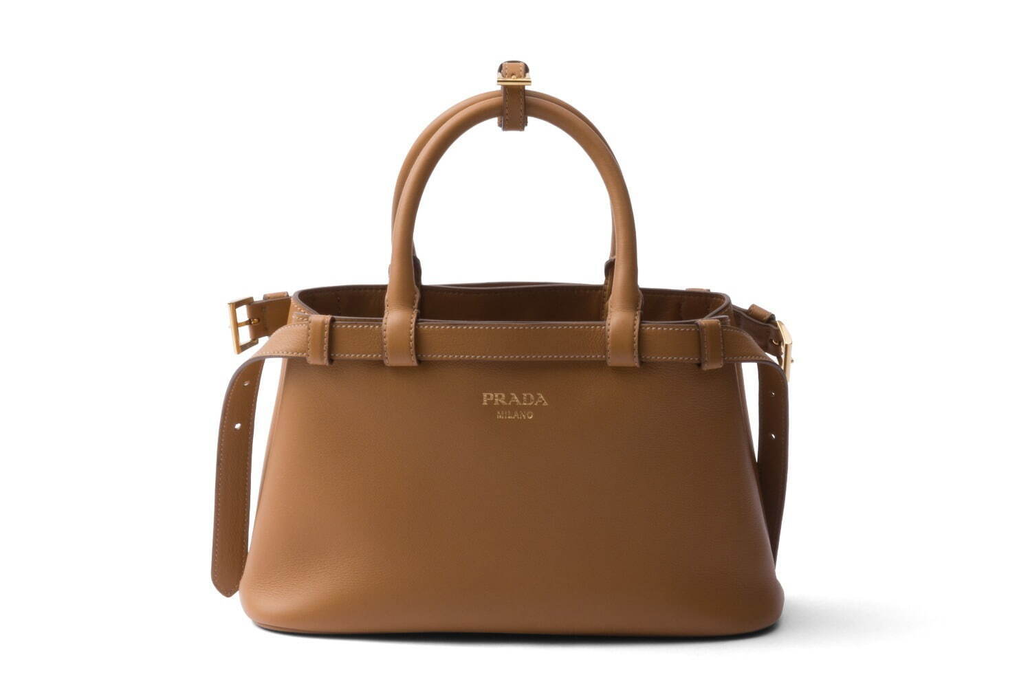 プラダからレザーベルトを施したウィメンズハンドバッグ、ベージュの新