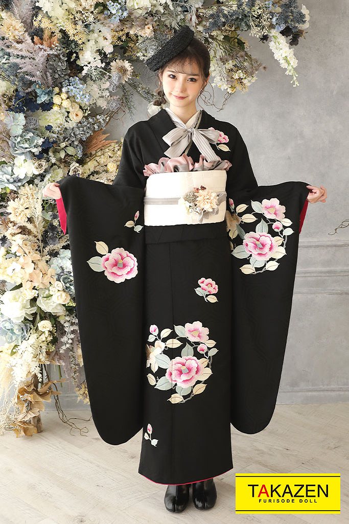 安い！昭和レトロ 黒/ピンク ボタン柄 シンプル アンティーク調振袖