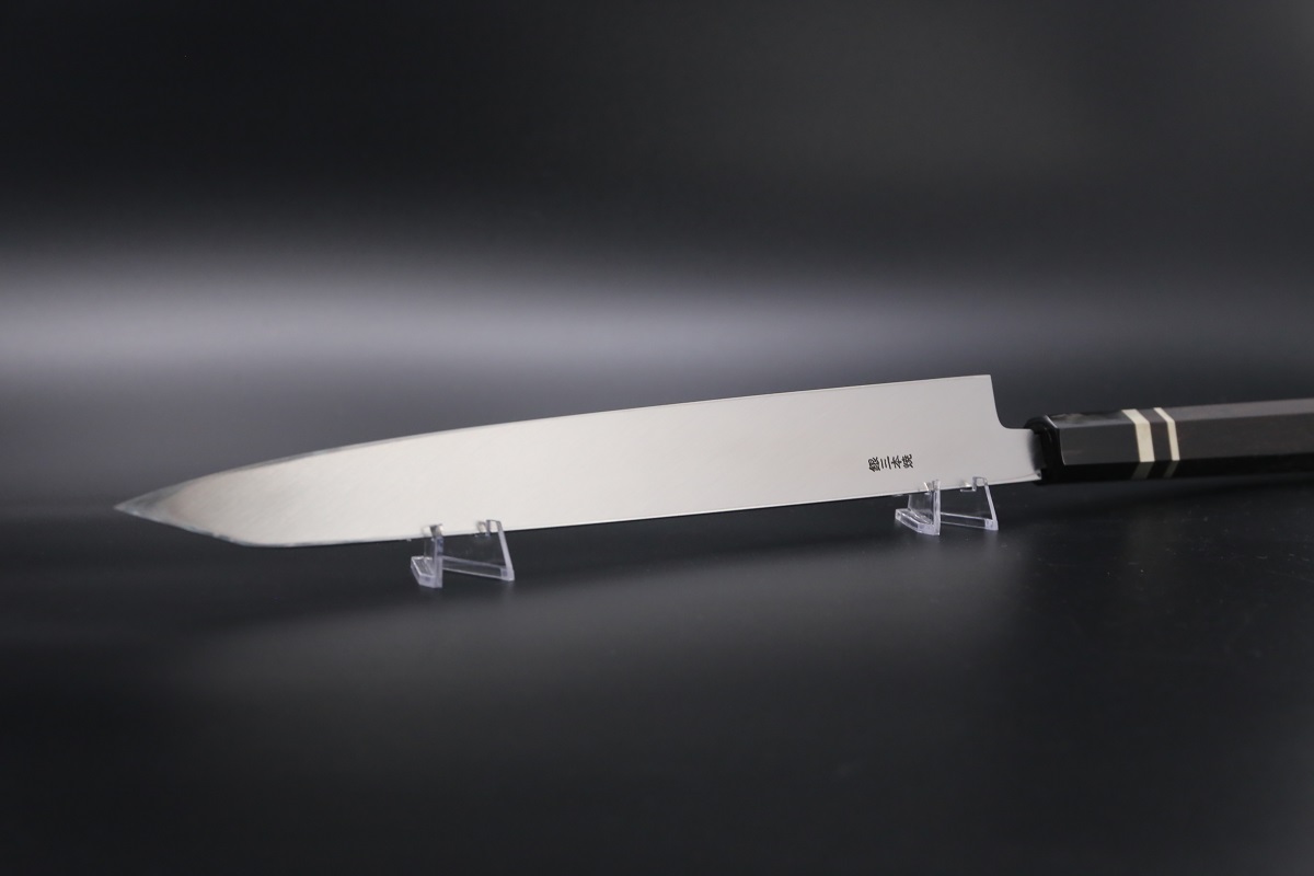 切付柳刃 銀三本焼 300mm 平鏡面 黒檀柄 鞘付き【左利き用】-歌舞伎ナイフ