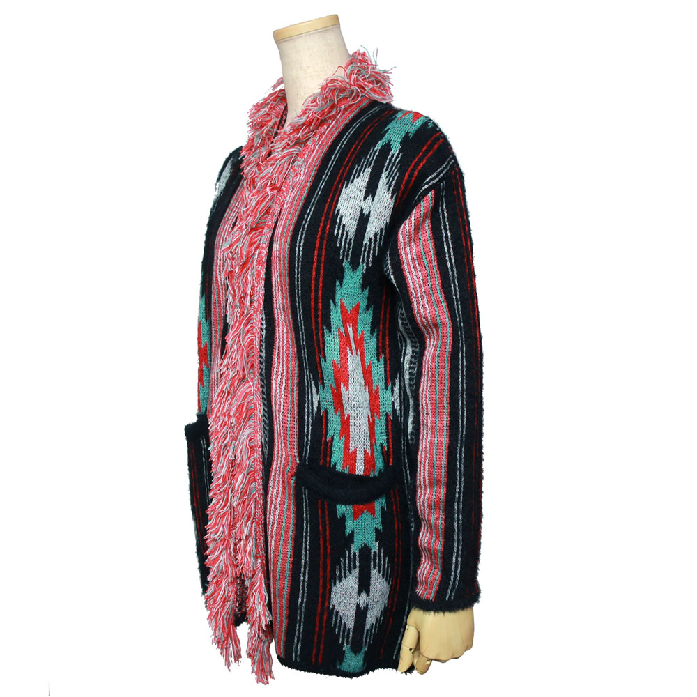 ロング カーディガン ネイティブ柄 幾何学模様 コーディガン フリンジ