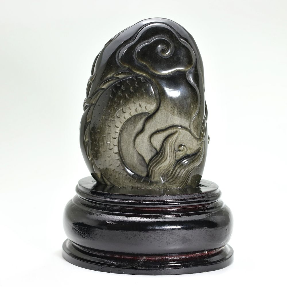 高品質]メキシコ産ゴールデンオブシディアン黒曜石/(辰)龍彫刻（全高約