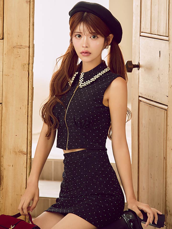 即日発送】送料無料!パール襟フロントジップセットアップタイトミニ