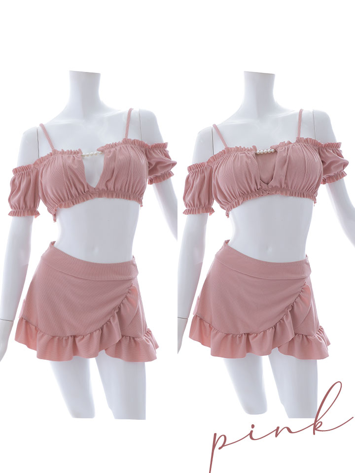 即日発送】【ビキニ】【水着】袖付きシャーリングトップス 4点セット