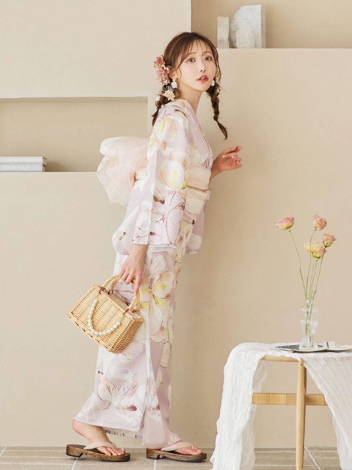 即日発送！】大人くすみピンクx牡丹浴衣 【浴衣3点セット 浴衣/帯