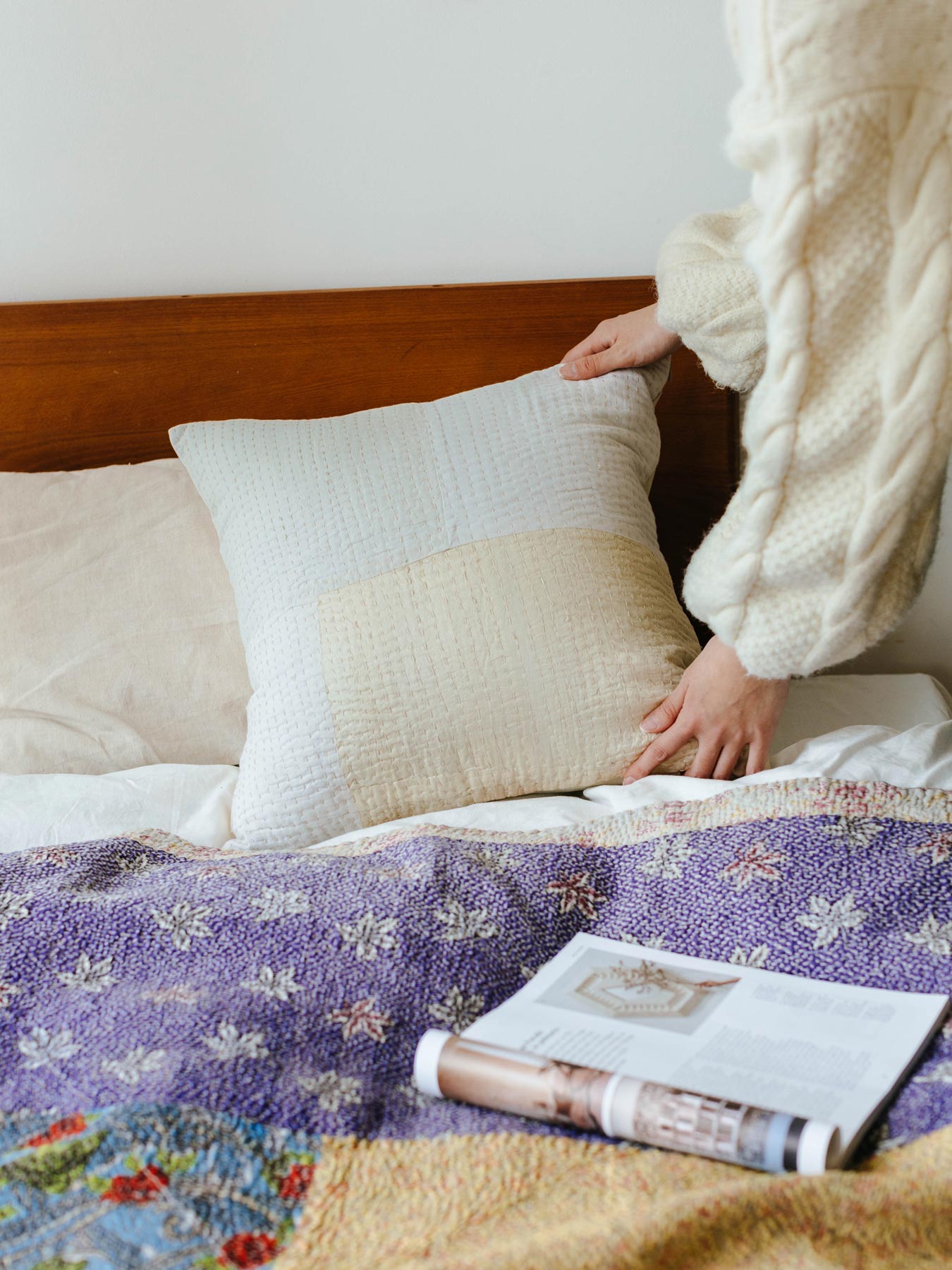 オリジナル・パッチワークカンタ スクエアクッションカバー／ホワイト