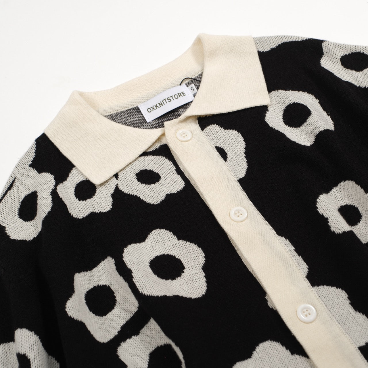 Men's Retro Flower Knit Polo Shirt | 60s Mod Black Cream Shirt