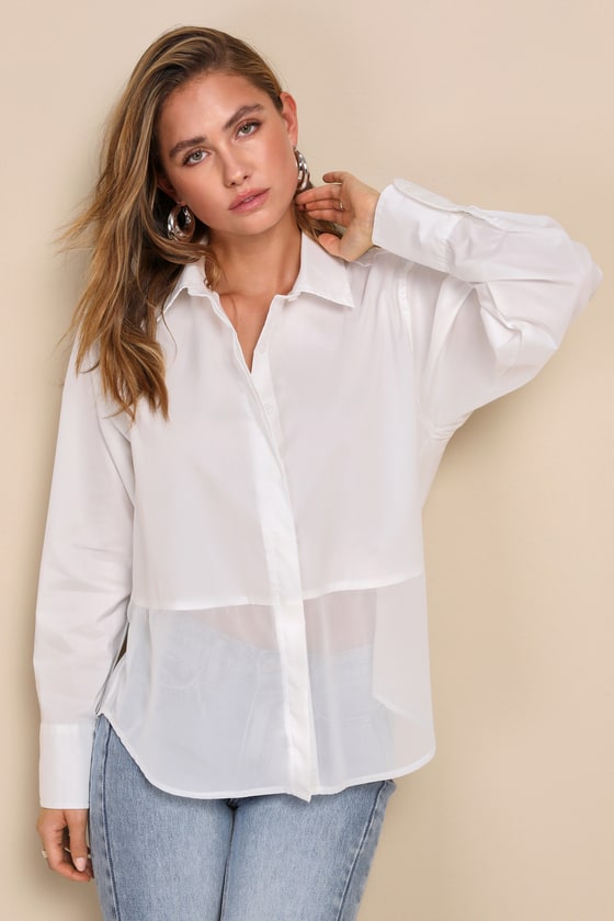 White Sheer Panel Top - Long Sleeve Button-Up Top - Button-Down