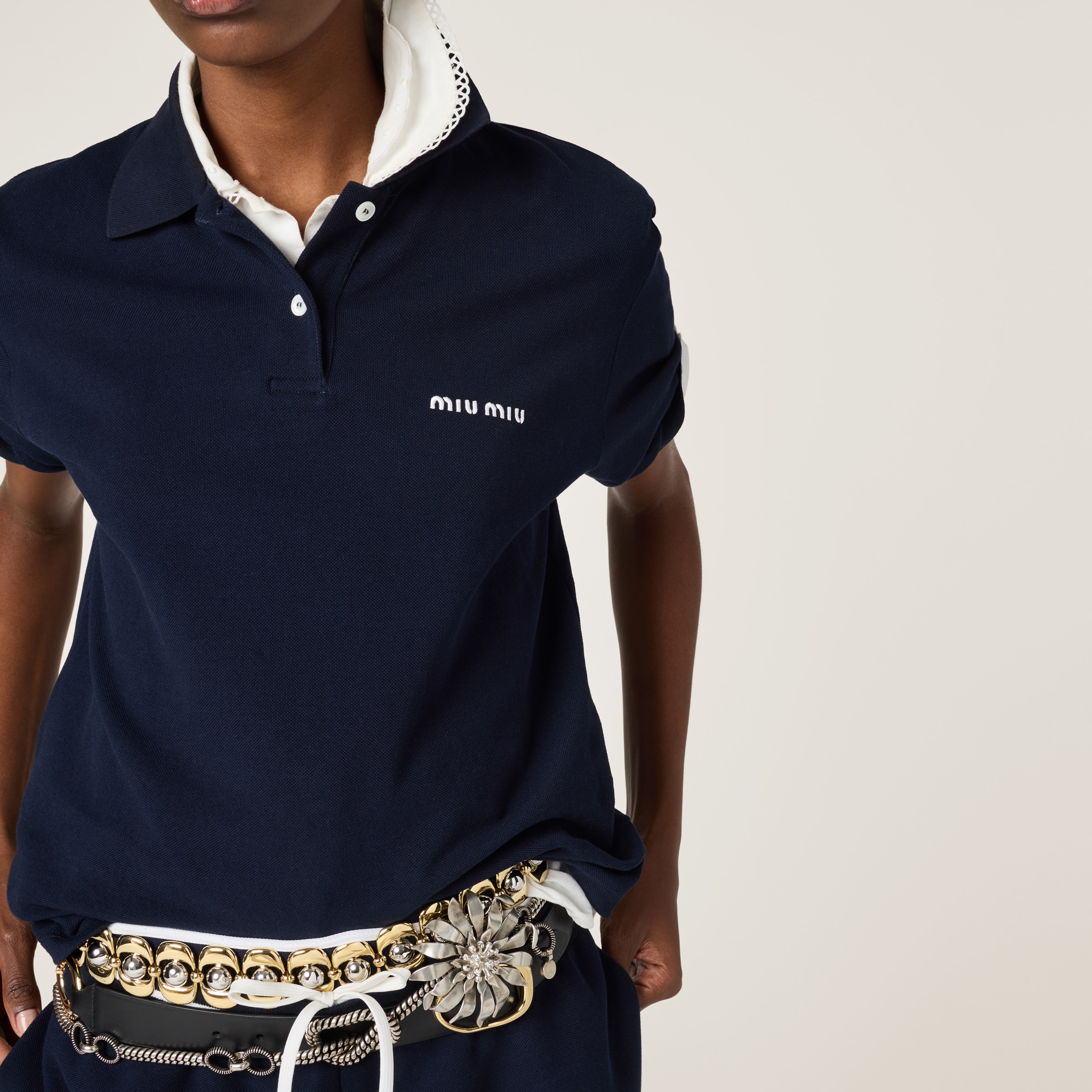 ネイビー コットンピケ ポロシャツ | Miu Miu