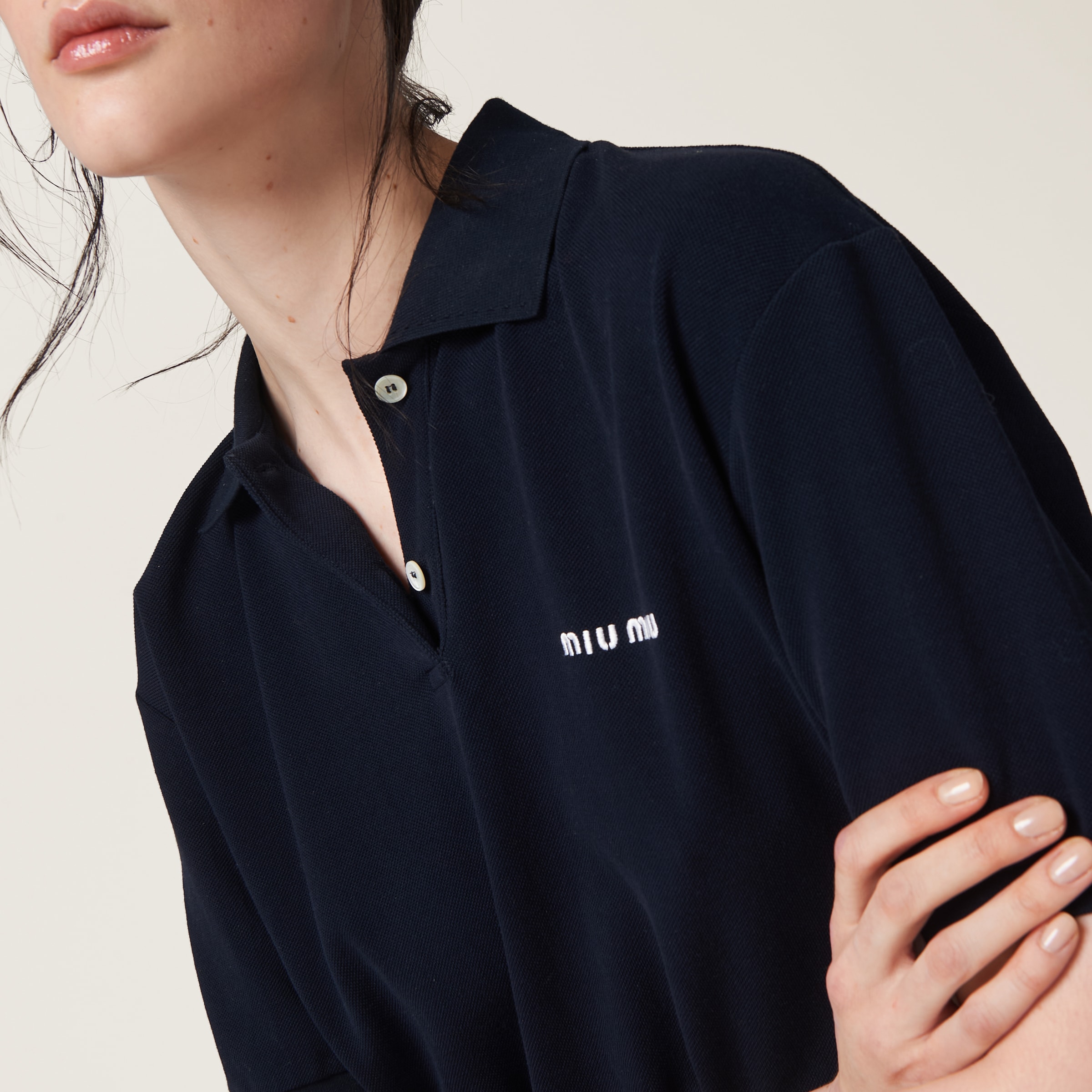 ネイビー コットンピケ ポロシャツ | Miu Miu