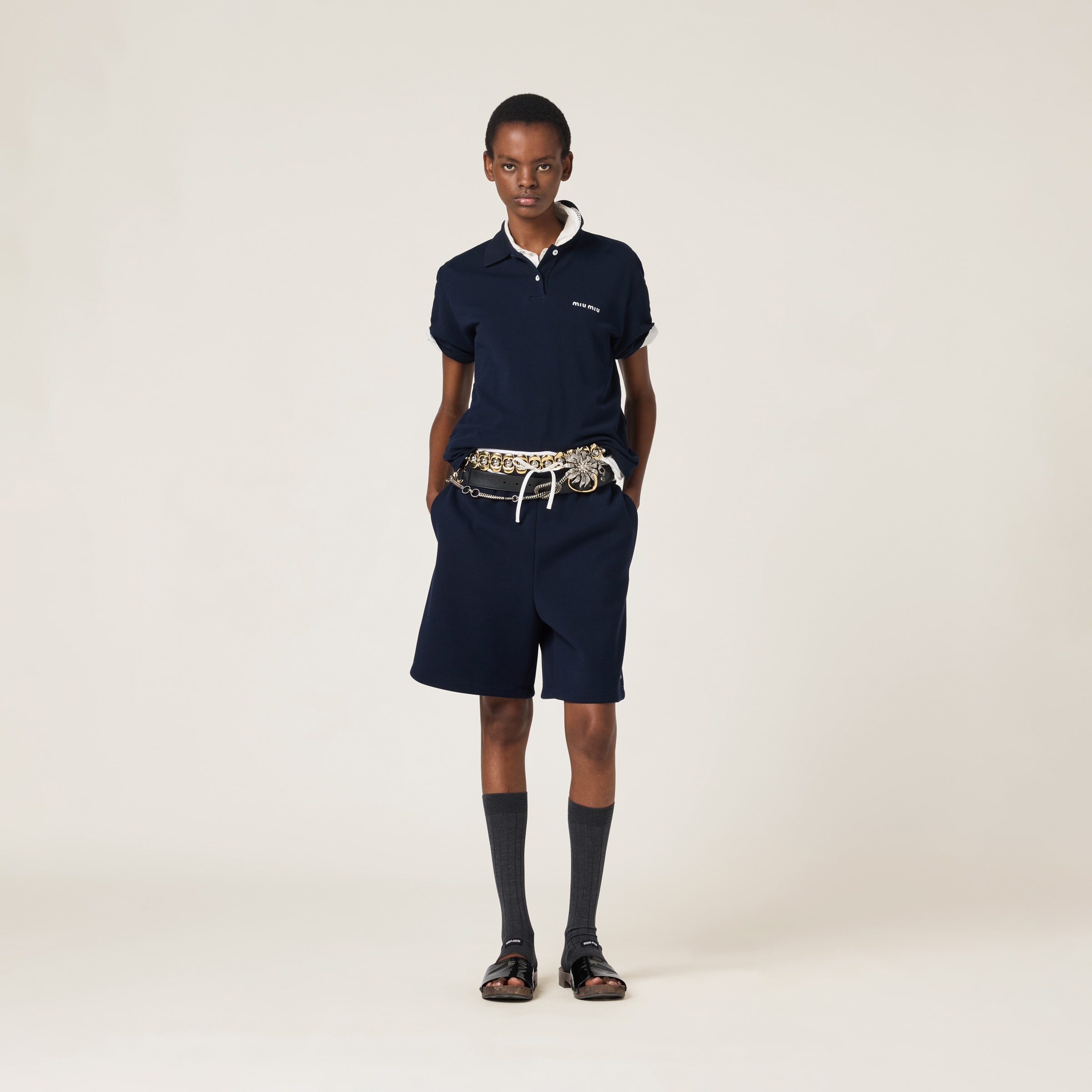 ネイビー コットンピケ ポロシャツ | Miu Miu