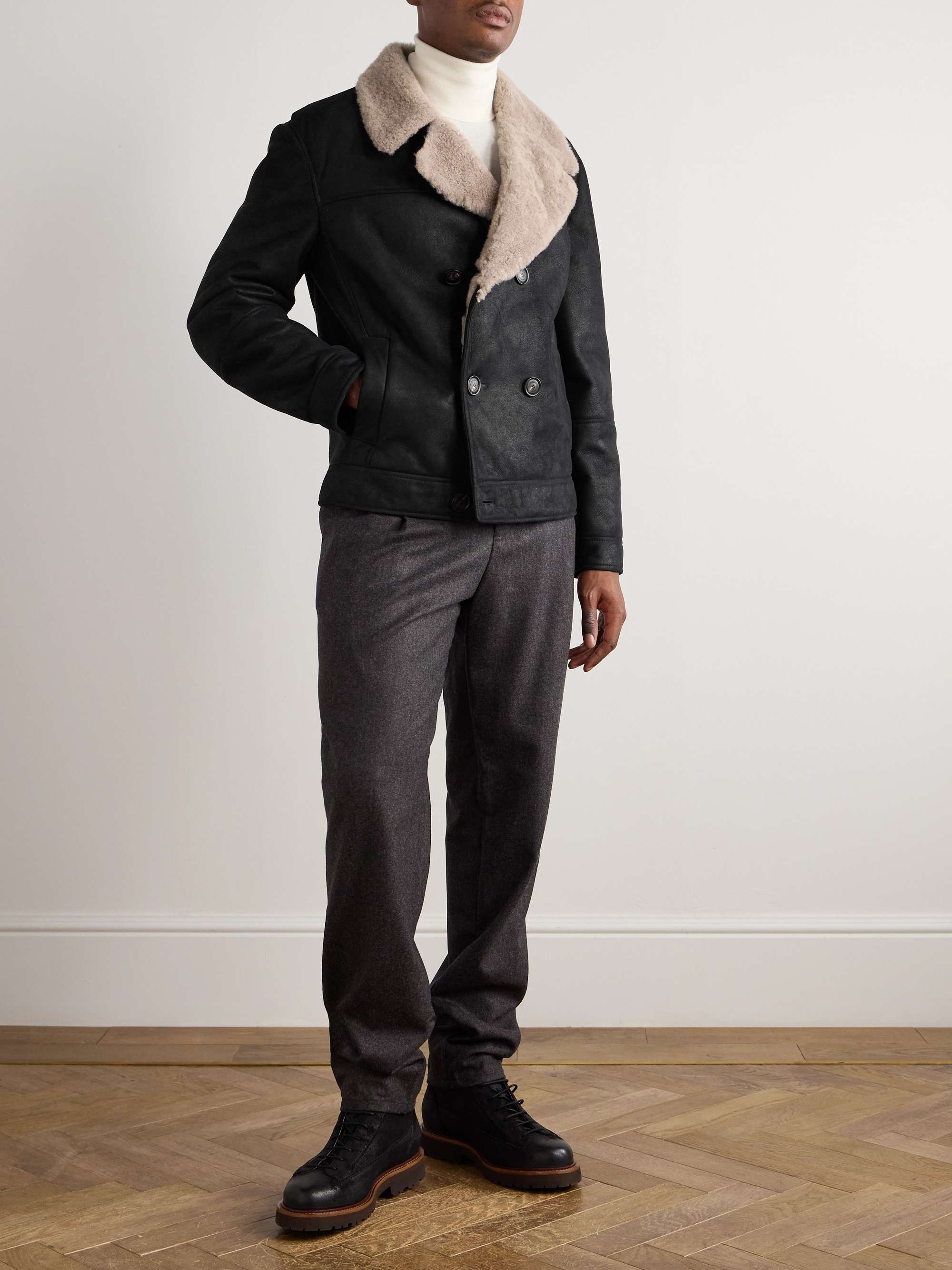 BRUNELLO CUCINELLI Double-Breasted Shearling Biker Jacket for Men