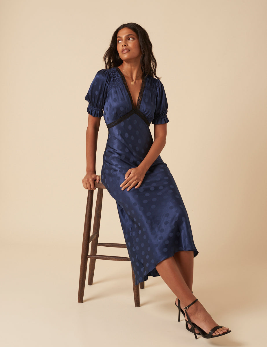 Navy Polka Dot Jacquard Angela Midi Dress