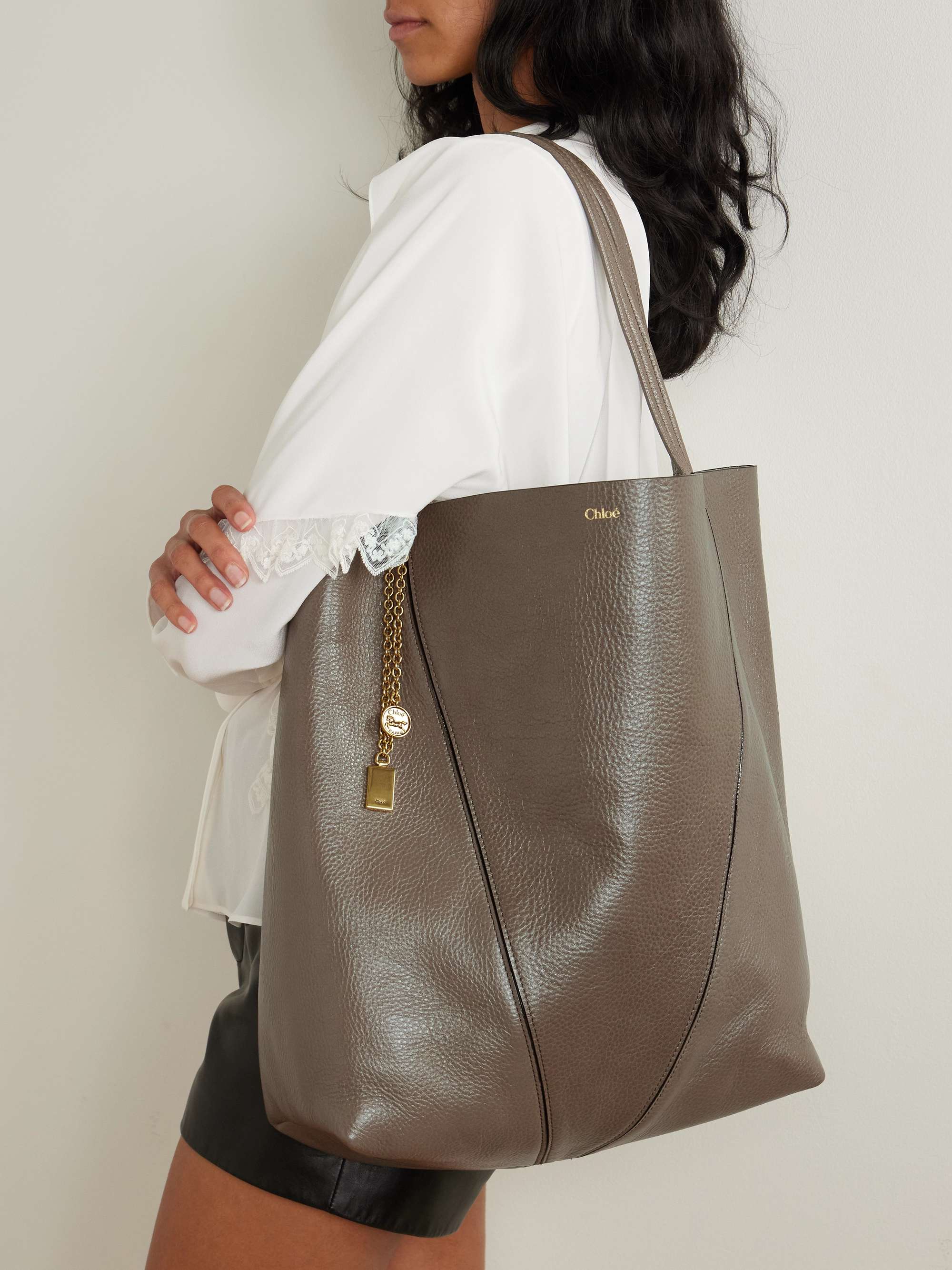 CHLOÉ Spin embellished paneled textured-leather tote | NET-A-PORTER