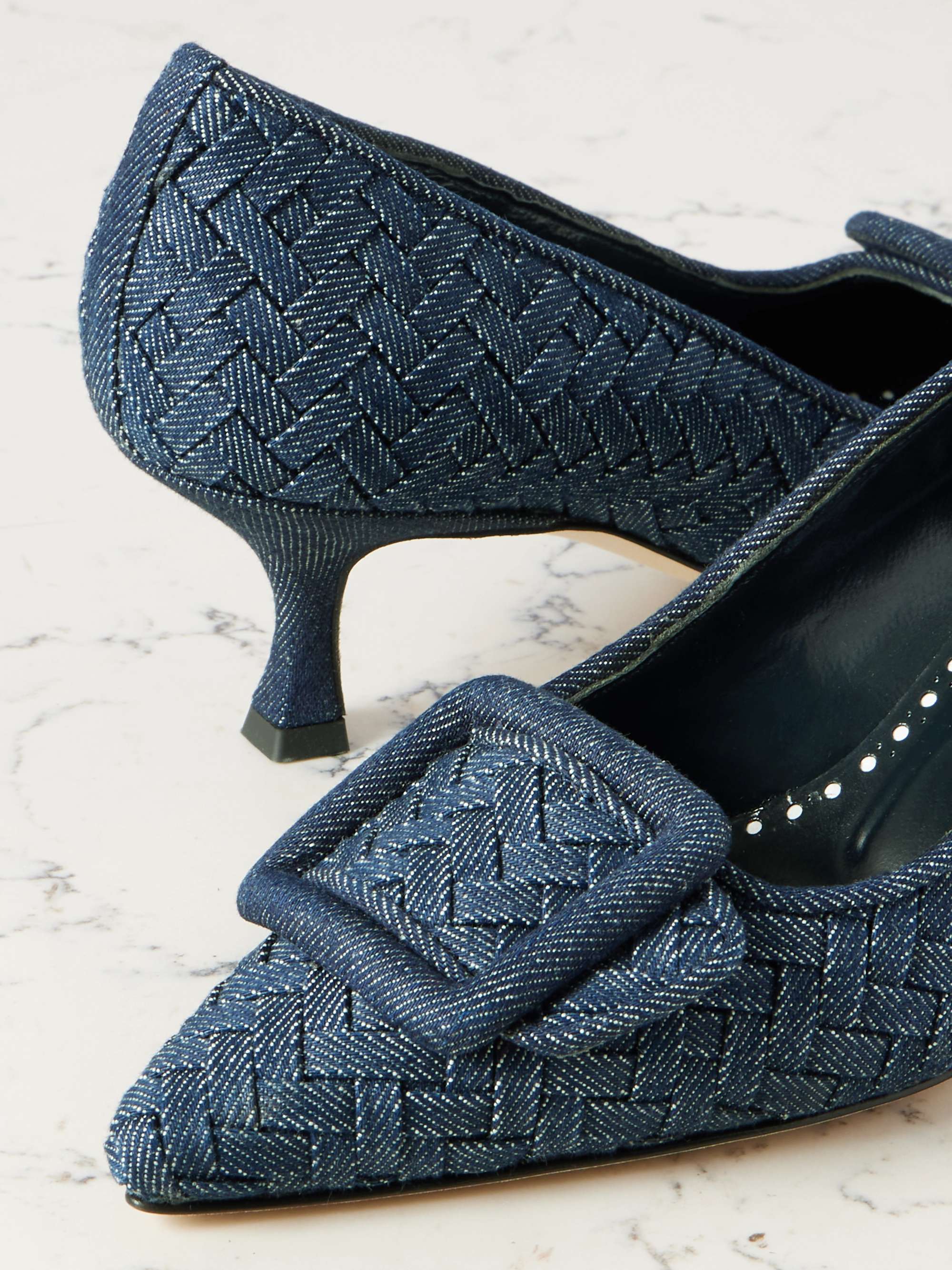 MANOLO BLAHNIK Maysale 70 buckled woven denim pumps | NET-A-PORTER