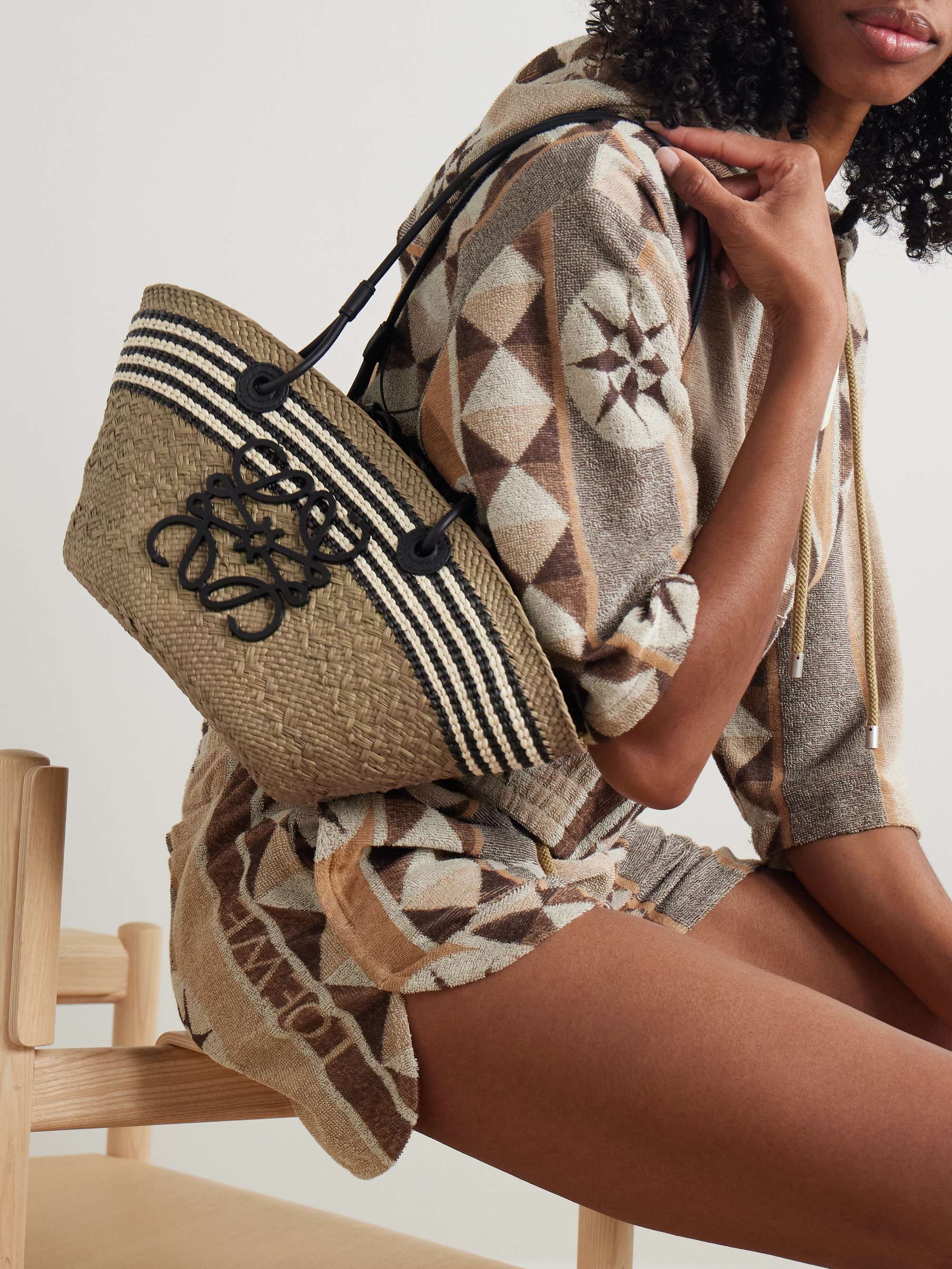 LOEWE + Paula's Ibiza Anagram Basket small leather-trimmed striped