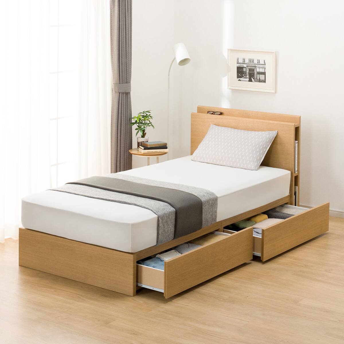 ダブル 棚・サイド収納付きベッドフレーム(NS-003 浅型/すのこ LBR