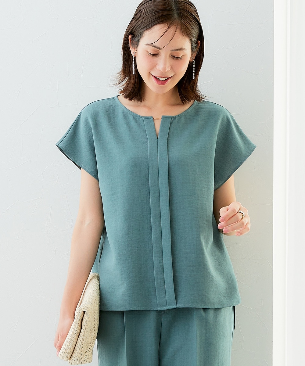 麻調合繊フロントタックブラウス（しわになりにくい・接触冷感・UV