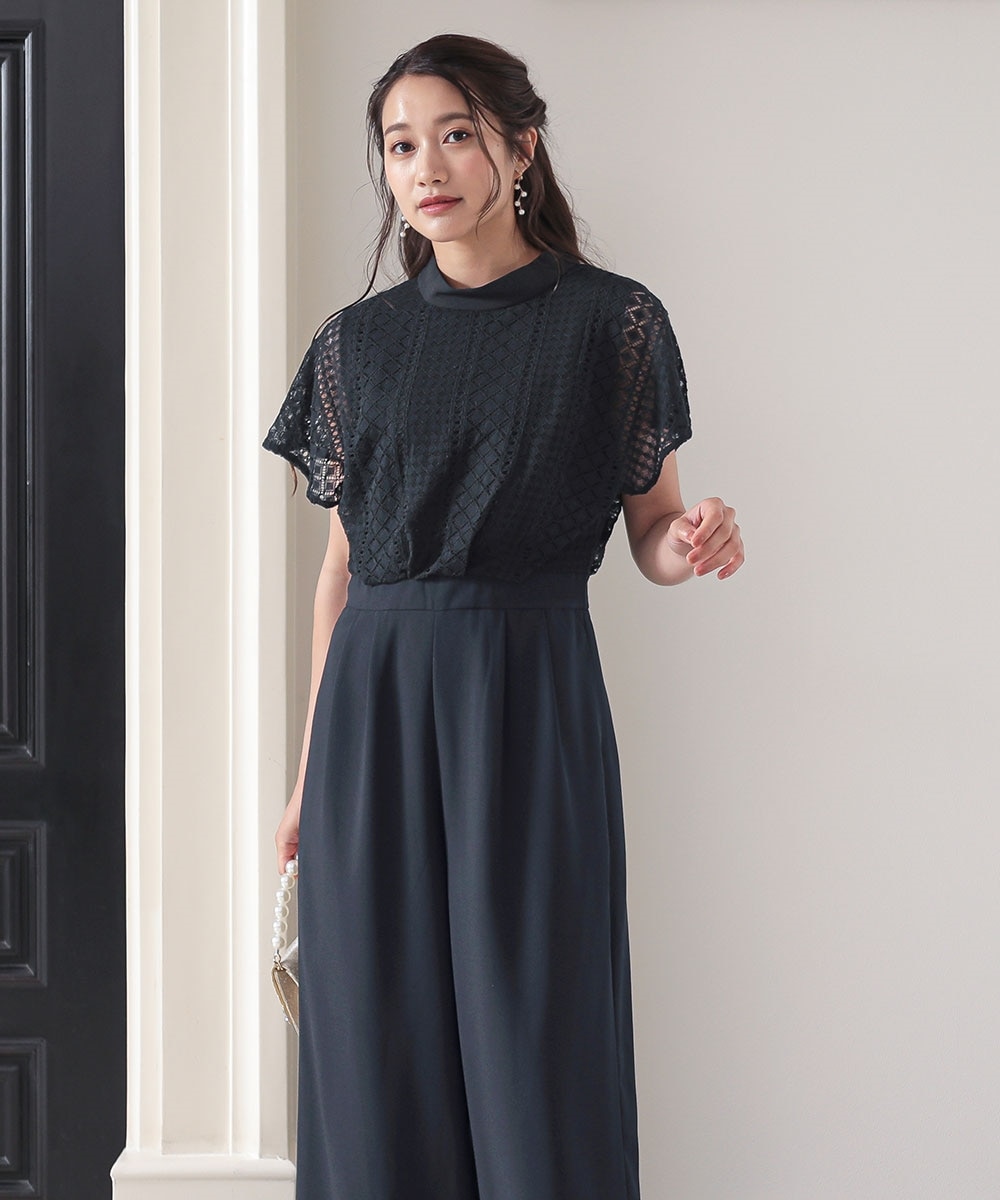 結婚式・パーティードレス】スタンドカラーレースオールインワンパンツ