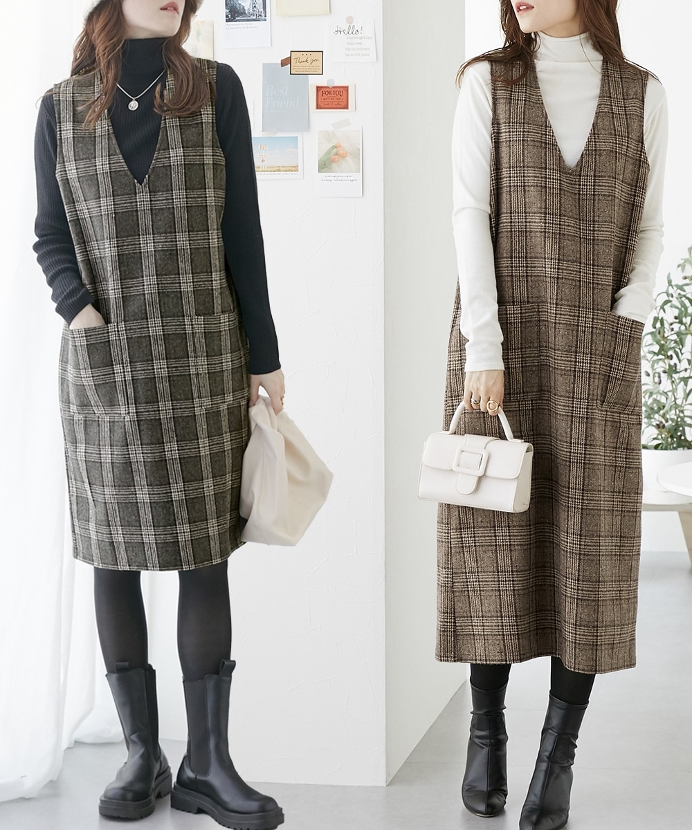 グレンチェックVネックジャンパースカート（選べる2レングス） 通販