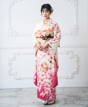 白・クリーム地ピンク桜-王朝G[ES0021] | 成人式振袖レンタル京都さがの館
